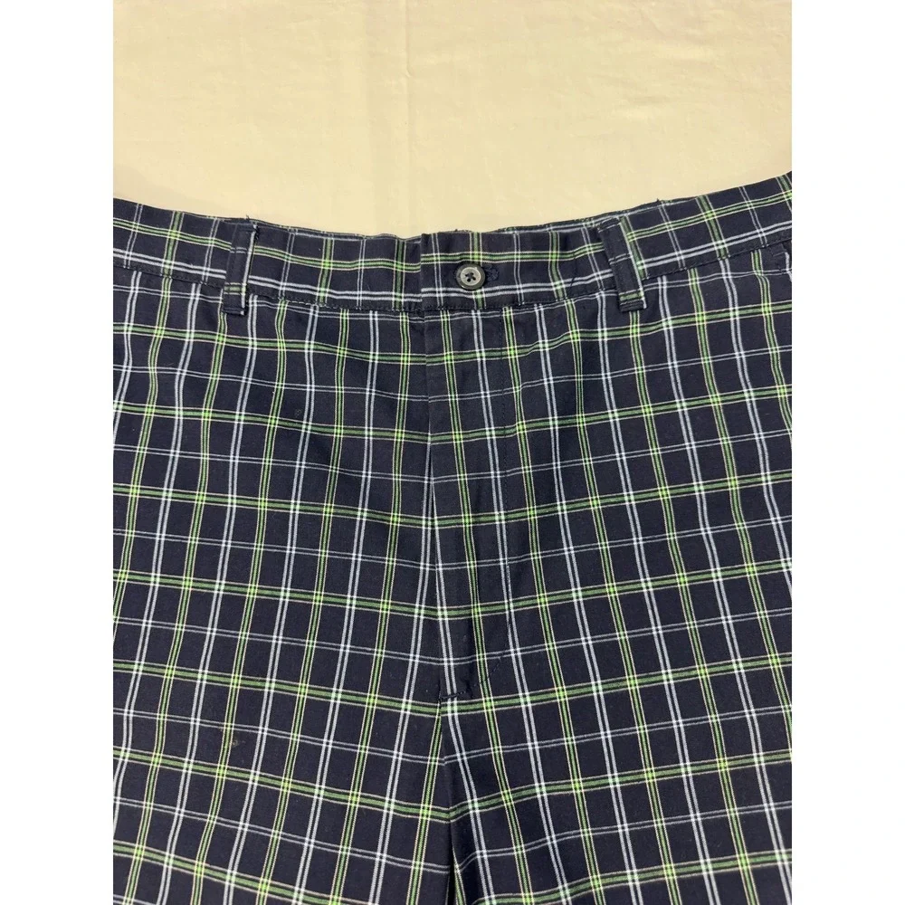 IZOD XFG Plaid Golf Shorts Mens 34 Navy Blue Lime Green Cotton Blend